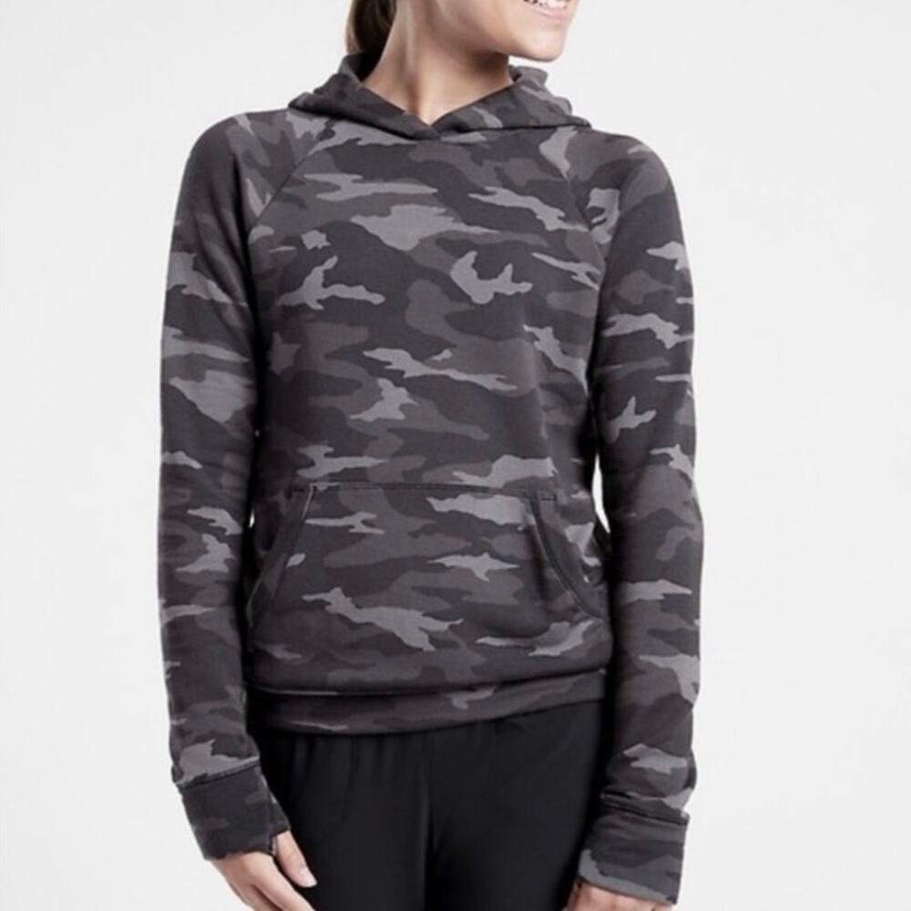Athleta Girl Camo Pullover Hoodie Youth XL 14 Gray Black Activewear